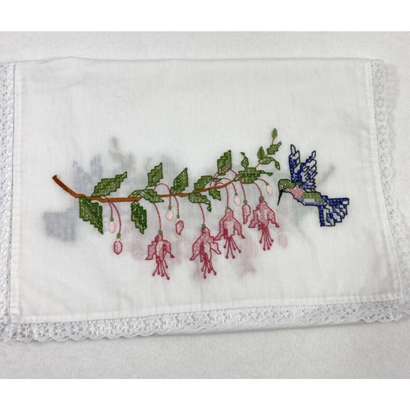 Two Hummingbird‎ Floral Embroidered Table Runners White Cotton Lace Trim - Picture 10 of 10